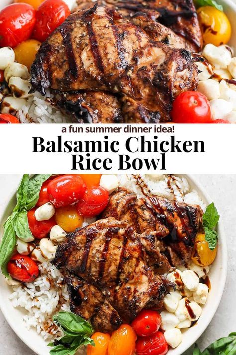 Balsamic Chicken Rice Bowl - A delicious summer dinner idea this Balsamic Chicken Rice Bowl is packed with flavor and is so easy to make! #balsamicchickenricebowl #balsamicchickenandricebowl #balsamicchickenrecipe #balsamicchicken Balsamic Chicken Bowl, Balsamic Chicken Side Dishes, Balsamic Chicken And Rice, Chicken Rice Bowls Healthy, Easy Balsamic Chicken, Balsamic Chicken Crock Pot, Balsamic Chicken Marinades, Rice Bowls Healthy, Chicken Rice Bowl