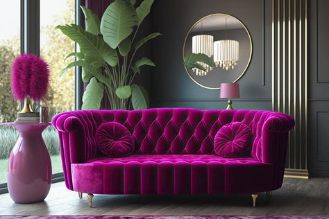 Modern living room design with viva magenta velvet sofa. Generative AI. Fusia Pink Sofa, Fushia Sofa Living Room, Magenta Sofa Living Room, Fuschia Sofa, Magenta Couch, Magenta Interior Design, Magenta Room, Magenta Decor, Bridal Boutique Interior