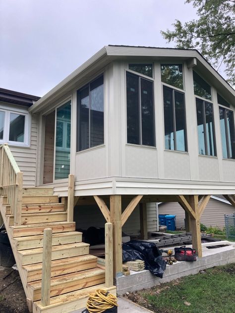 Raised Sunroom Addition, Raised Three Season Room, Split Level Sunroom Addition, Sunroom Family Room Ideas, All Weather Room Addition, Bilevel Sunroom Addition, 2nd Floor Sunroom Addition, Raised Ranch Screened In Porch, Upstairs Sunroom