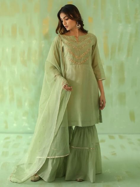 Buy Sage Green Embroidered Chanderi Gharara Suit with Organza Dupatta- Set of 3 | TABWK0403/TABI1 | The loom Gharara Suits, Embroidered Border, Organza Dupatta, Pernia Pop Up Shop, Simple Trendy Outfits, Green Cotton, Set For Women, Festival Wear, Indian Outfits