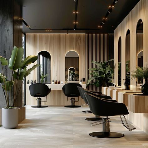 Hair Salon Modern Interior Design, 2024 Salon Trends, Salon Color Room Ideas, High End Hair Salon, Hair Salon Ideas Decor Interior Design, Clean Salon Aesthetic, Salon Interior Design Black, Unisex Salon Interior Design, Industrial Salon Design