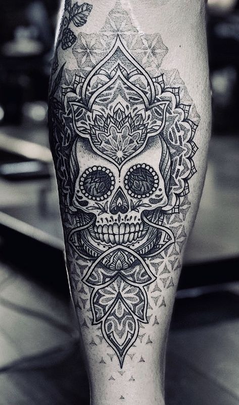 Front Calf Tattoo Men, Front Of Calf Tattoo, Skull Shin Tattoo, Men Shin Tattoo, Skull Calf Tattoo, Mens Shin Tattoo, Geometric Skull Tattoo Design, Front Shin Tattoo Men, Mandala Skull Tattoo Design