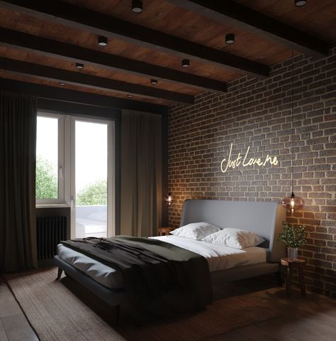 Black Brick Bedroom Wall, Black And Brick Bedroom, Brick In Bedroom, Brick Wall Interior Bedroom, Exposed Brick Walls Bedroom, Brick Bedroom Decor, Cozy Bedroom Dark, Luxury Bedroom Design Romantic, Brick Wall Bedroom Ideas