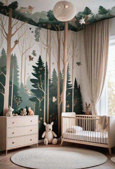 Baby Room Wall Painting, Nursery Forest Theme, Jungle Theme Rooms, Spring Moodboard, Baby Room Neutral, Cozy Nursery, Baby Boy Room Decor, Nursery Room Design, Baby Room Inspiration