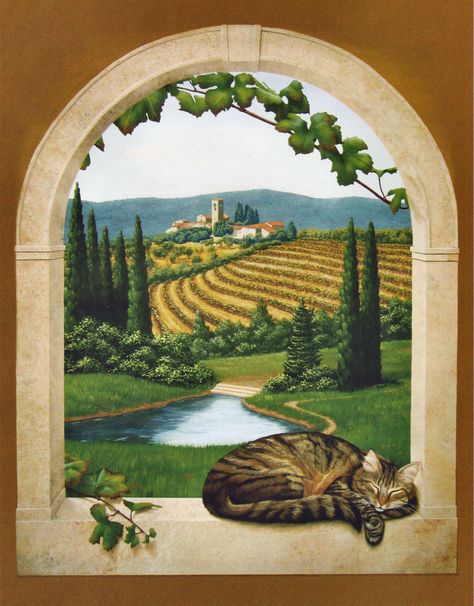 Tuscany mural by Jeff Raum. Country View, Window Mural, Country Backgrounds, Mural Stencil, Geometric Stencil, Painted Patio, Window Painting, Mural Painting, Stencils Wall