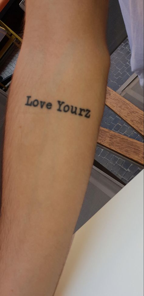 Love Yourz J Cole Tattoo, Love Yourz J Cole, J Cole Tattoo, Handwriting Tattoos, Love Yourself Tattoo, Saved Tattoo, Tasteful Tattoos, Tattoos For Black Skin, Dope Tattoos For Women