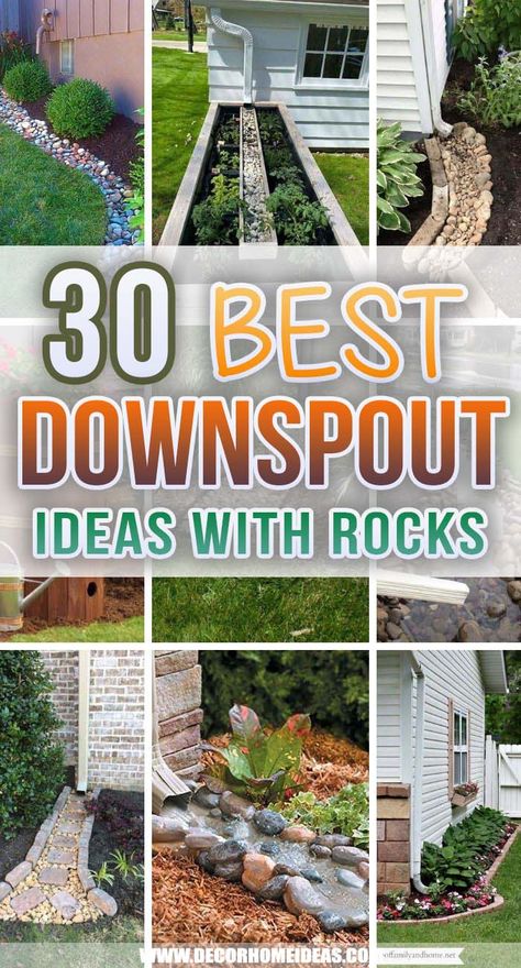 30 Best Downspout Ideas With Rocks To Beautify Your Landscape | Decor Home Ideas Downspout Garden Flower Beds, Eavestrough Garden Ideas, Rock Beds Around House Side, Outside Decorations Ideas, Down Spout Garden Ideas, Side Yard Slope Landscaping Ideas, How To Separate Front Yard From Neighbors, Cement Curbing Ideas, Drainpipe Ideas