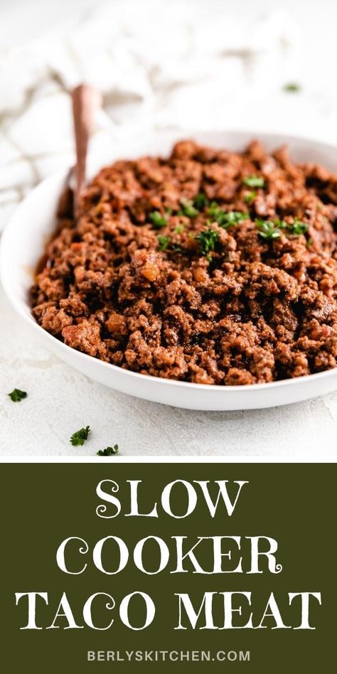 Large dish filled with slow cooker taco meat. Crockpot Turkey Taco Meat, Taco Meat In Crockpot, Nacho Pasta, Crock Pot Taco Meat, Slow Cooker Taco Meat, Crockpot Taco Meat, Taco Meat Recipe, Taco Burrito, Slow Cooker Taco