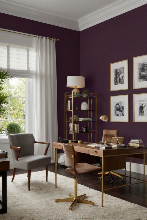 home decorating, home interior design, interior bedroom design, living room interior Home Office Purple, Plum Office, Purple Home Office, Modern Bohemian Living Room, Purple Office, My Home Office, French Country Living Room, Sleek Furniture, Business Space