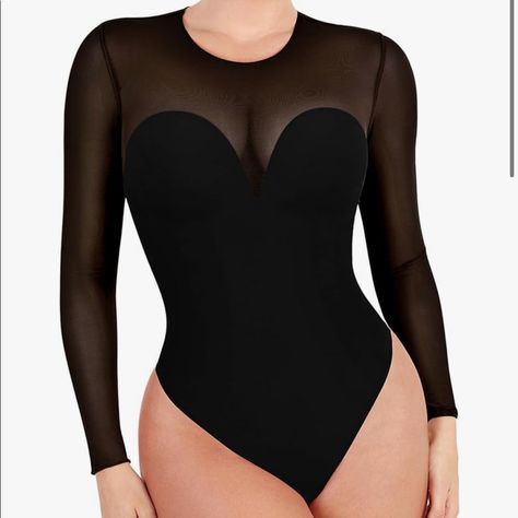 Long Sleeve Black Bodysuit. Built In Bra And Shapewear. Mesh Top. Black Corset Bodysuit, Bell Sleeve Bodysuit, Spaghetti Strap Bodysuit, Slim Bodysuit, Plunge Bodysuit, Bodysuit Top, Shapewear Bodysuit, Tops Long Sleeve, Mesh Bodysuit