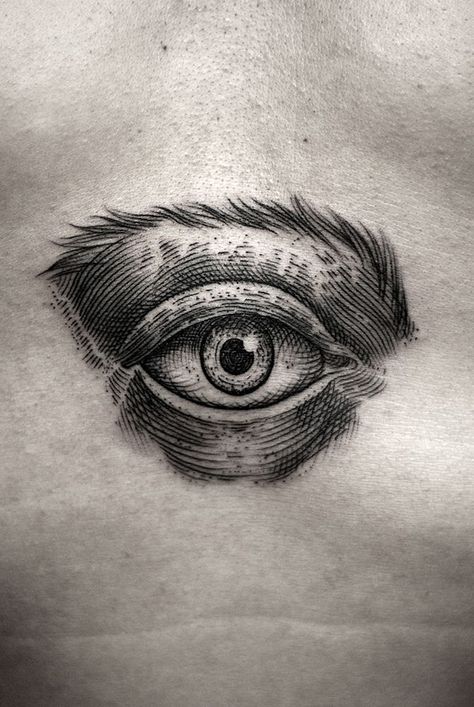 black woodcut style eye tattoo by Kamil Czapiga Tattoos Man, Tatoo 3d, All Seeing Eye Tattoo, Woodcut Tattoo, Tattoo Board, Work Tattoo, Line Work Tattoo, Dot Work Tattoo, Desenho Tattoo