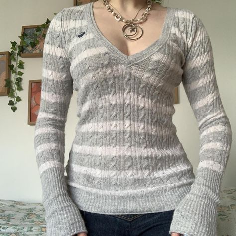 •vintage y2k abercrombie & fitch stripey v neck... - Depop Abercrombie And Fitch Outfits, Abercrombie And Fitch Outfit, Cable Knit Sweater Outfit, Vintage Abercrombie And Fitch, Abercrombie Sweater, Digital Wardrobe, Y2k Abercrombie, Vintage Hollister, Knit Sweater Outfit