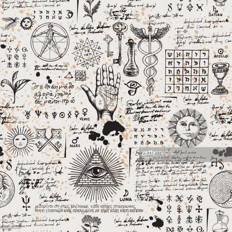 stock illustration : abstract seamless pattern with sketches and notes Alchemy Illustration, Herren Hand Tattoos, Alchemy Tattoo, Mystic Symbols, Ii Wallpaper, Esoteric Symbols, History Tattoos, Masonic Symbols, Occult Symbols