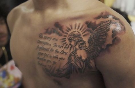 75th Ranger Regiment Tattoo, Meaningful Chest Tattoos, Chest To Shoulder Tattoo Men, Chest And Shoulder Tattoo For Men, God Speed Tattoo, Half Chest Tattoo Men Ideas, Small Dope Tattoos, Arm Tattoos Black, Tattoo Quotes For Men