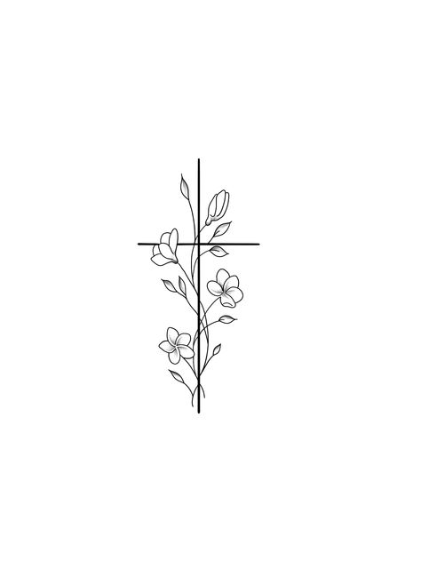 May Birth Flower Tattoo With Cross, Cross On Neck Tattoo For Women, Cross Birth Flower Tattoo, Pretty Cross Drawing, Cross With Birth Flowers Tattoo, Cross Wrapped In Flowers Tattoo, Cross Flowers Tattoo, Small Cross With Flowers Tattoo, Cross Tattoo With Flowers Around It