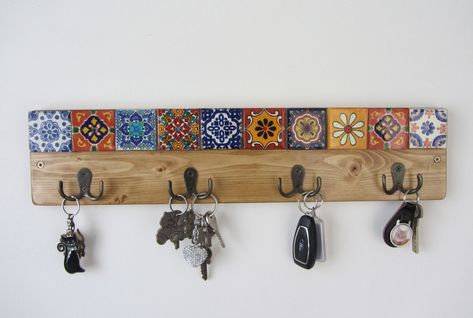 Painted Terracotta Tiles, Wood Coat Hooks, Rustic Coat Hooks, Painted Terracotta, Robe Hooks, Mexican Tile, Key Holders, Mexican Decor, Terracotta Tiles