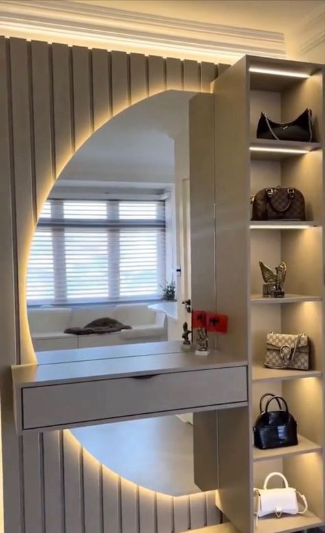 Dressing Table With Jewelry Storage, Vanity With Shelves On Side, Drasing Table Design Beautiful, Side Tables Bedroom Aesthetic, Dressing Mirror With Storage, Vanity Table Aesthetic, Dressing Table Design Bedrooms, Rotating Shelves, Side Cupboard