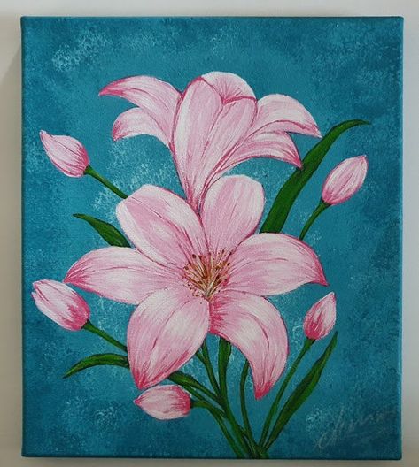 Lily flowers that inspire your optimism and joy in vibrant colors .A beautiful contrast between pink and turquoise acrylic on canvas 30*35 cm. Lilies Drawing, Easy Flower Painting, Lily Painting, Acrylic Painting Flowers, Flower Painting Canvas, Lily Flowers, Acrylic Painting For Beginners, Painting Art Lesson, Simple Acrylic Paintings