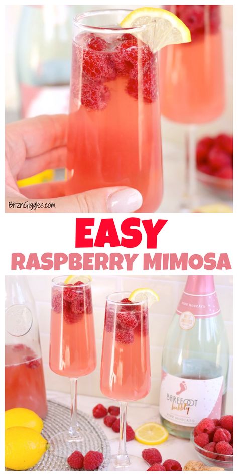 Delightfully refreshing and bright raspberry mimosas made with chilled Pink Moscato, sweet raspberry lemonade and fresh, frozen raspberries that add a vibrant pop of color! Raspberry Mimosa, Rasberry Lemonade, Vodka Slush, Lemonade Slushies, Mimosa Cocktail, Pink Mimosa, Simply Lemonade, Best Summer Cocktails, Pink Moscato