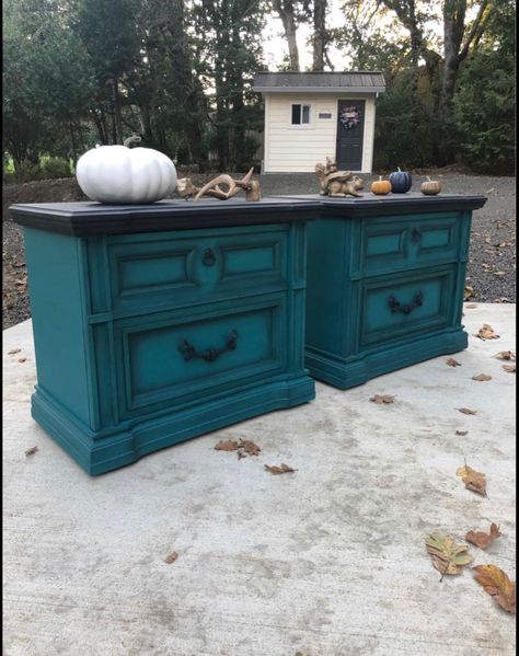 custom mixed shade of Dixie Belle Chalk Paint of teal. The tops have been painted in a soft black almost navy. Black wax has been added to bring out the details of this very solid set. The hardware has been painted in the same teal and then painted by hand using the same color of the top to make the hardware look patina. These would be great as bedside tables, end tables in living room End Tables In Living Room, Teal Bedroom Furniture, Turquoise Bedside Table, Antique Finish Furniture, Tables In Living Room, Teal Painted Furniture, Teal Furniture, Dixie Belle Chalk Paint, Teal Rooms