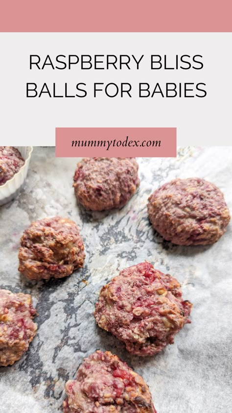 Raspberry Bliss Balls Blw, Plum Baby Food Recipes, Blw Snack Recipes, Berry Bliss Balls, Baby Led Weaning Snacks, Raspberry Balls, Raspberry Bliss Balls, Snacks For Baby, Baby Led Weaning Recipe