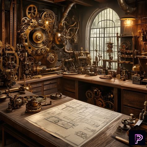 Enter an elaborate steampunk workshop, where intricate machinery and creative inventions come to life. ⚙️🔧   What innovative contraptions will your art design today?   #AI #Art #PicassoAIArt #Steampunk #Workshop #Innovation Steampunk Set Design, Inventions Aesthetic, Steampunk Inventions, Victorian Steampunk Aesthetic, Standalone Bathtub, Steampunk Setting, Alchemy Equipment, Steam Punk Aesthetic, Steampunk Workshop