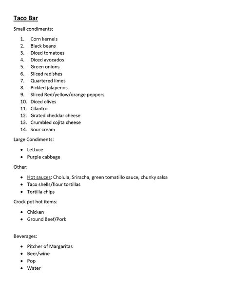 Taco bar shopping list Taco Bar Serving Amounts, Taco Bar Shopping List, Taco Bar Toppings List, Taco Bar Checklist Printable, Taco Bar Grocery List, Taco Bar Checklist, Taco Bar List, Taco Bar List Of Items, Taco Bar Ingredients List