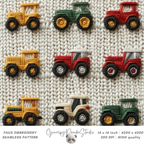 Truck Embroidery Design, Hand Embroidery Tractor, Embroidery Tractor Pattern, Tractor Embroidery Designs, Farm Embroidery Designs, 4x4 Embroidery Designs, Embroidery On Patterned Fabric, Kids Embroidery Ideas, Baby Prints Pattern Design