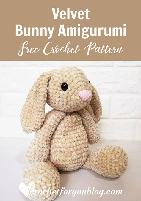 Velvet Bunny Amigurumi Free Crochet Pattern - Crochet For You #crochetforyoublog #bunny #bunnyamigurumi #crochet #freecrochetpatterns #easter Velvet Bunny Amigurumi Free Crochet Pattern, Crochet Bernat Velvet, Crochet Velvet Animals Free Patterns, Long Ear Bunny Amigurumi Free Pattern, Velveteen Rabbit Crochet Pattern, Crochet Projects Velvet Yarn, Bernat Velvet Crochet Patterns, Amigurumi Free Pattern Rabbit, Velvet Bunny Crochet Pattern