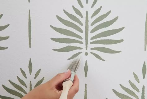 How to Stencil a Wall to Look Just Like Wallpaper Pattern Paint Roller Accent Walls, Easy Feature Wall Ideas Paint, Easy Wall Stencil Diy, Powder Room Stencil Ideas, Stenciled Bedroom Walls, Bathroom Paint Stencil Ideas, Stenciled Wallpaper Diy, Easy Painted Wallpaper, Hand Painted Faux Wallpaper