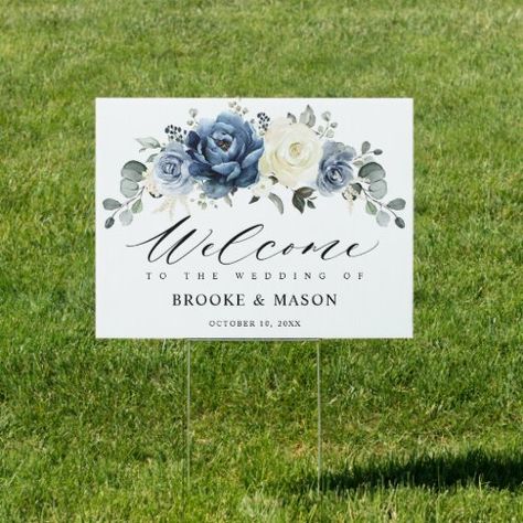 $31.25 | Dusty Blue Navy Champagne ivory Wedding Welcome #watercolor floral bouquet navy blue, white champagne ivory roses leaf, trendy rustic country barn autumn, botanical blush dusty cream neutral, eucalyptus greenery leaves mid-summer, spring themed unique chic peony, winter wildflower outdoor sage rose, simple grey peonies flowers template, fall monogram slate shades style, bohemian garden flower modern foliage Fall Monograms, Metallic Wedding, Gold Wedding Theme, Elegant Bouquet, Watercolor Bouquet, Ivory Roses, Royal Blue And Gold, Wedding Welcome Sign, Flower Template