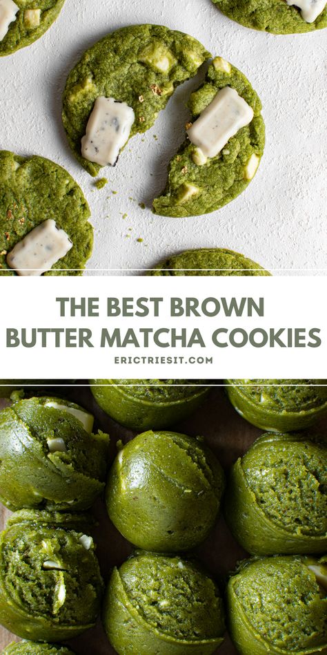 I'm so proud of this recipe. One of my all time favorites. The nuttiness from the browned butter pairs perfectly with the matcha. Try it out! Cookie Recipes Matcha, Brown Butter Matcha Cookies, Baking With Matcha, Trendy Desserts 2024, Crazy Dessert Recipes, Macha Desserts, 5 Ingredient Or Less Recipes Desserts, Healthy Bakery Recipes, Matcha Baked Goods