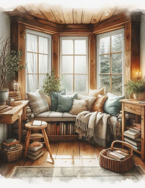 Country Bay Window Ideas, Bed By Bay Window, Cottage With Bay Window, Rooms With Window Seats, Living Room Decor Bay Window, Book Nook With Window, Book Nook Bay Window, Cottagecore Window Seat, Bay Window Bookshelf