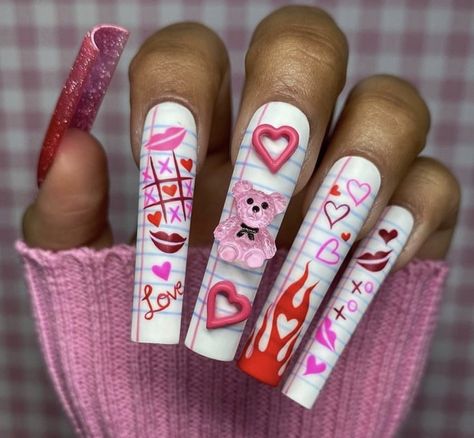 Long Almond Nails Valentines Day, Crazy Valentines Day Nails, Love Nails Design, Anti Love Nails, Crazy Nail Designs Unique, Fun Valentines Nails, Vday Nails, Long Nail Designs, Nail Designs Valentines