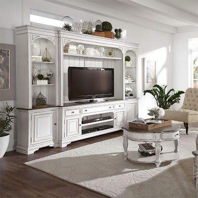 Home Cinema Center: Magnolia Manor 4 Piece Entertainment Wall in Antiq... White Entertainment Center, Wood Entertainment Center, Entertainment Wall Units, Entertainment Wall, Tv Stands And Entertainment Centers, Liberty Furniture, Furniture Outlet Stores, Wall Unit, Industrial Furniture