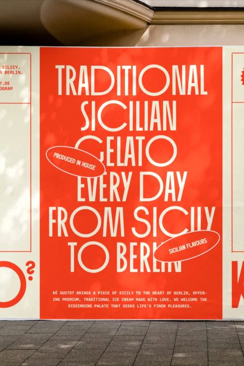 This spring, an especially stylish take on Sicilian gelato is coming to Berlin in the form of the hip ice cream spot Ké Gusto? In March, they’ll make their debut with smart branding from eccentric local designer Carla Palette, who graced their menus, packaging, and promotional materials with striking, but simple colors, shapes, and typography. The logomark’s elongated serif presents a stylish modern take on classic Italian sans serif, and the superscript question mark is the cherry on top. Modern Classic Graphic Design, Vintage Italian Graphic Design, Italian Packaging Design, Carla Palette, Italian Font, Italian Palette, Italian Branding, Italian Graphic Design, Italian Packaging