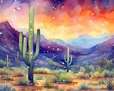 Early Snow Sonoran Desert Saguaro Cactus Mountains Arizona Art Print 8X10 Arizona Acrylic Painting, Desert Mountain Painting, Desert Scene Painting, Desert Painting Ideas, Desert Reference, Watercolor Desert Landscape, Arizona Pics, Southwest Art Paintings, Arizona Christmas