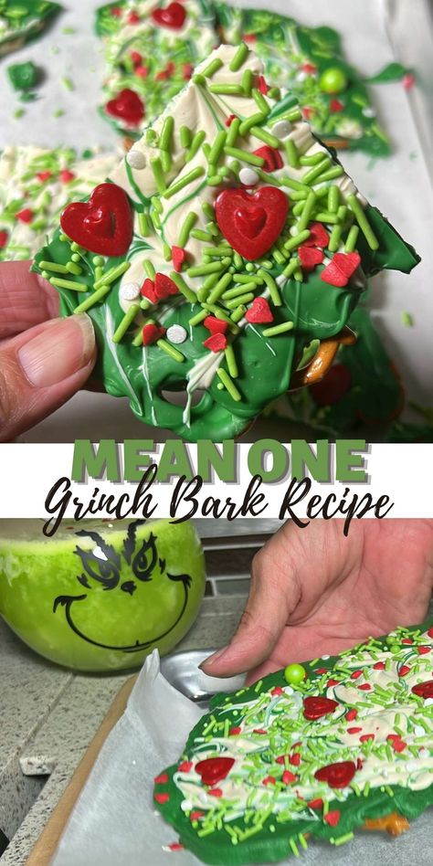 You're a Mean One Mr. Grinch Bark Recipe | Dine Dream Discover Your A Mean One Mr Grinch, You're A Mean One Mr. Grinch, Grinch Brownies Recipe, Grinch Bark Recipe, Grinch Bark, Grinch Food, Pretzel Bark Recipes, Holiday Bark, Cracker Flavors