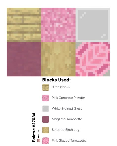 Minecraft Color Palette using birch planks, stripped birch log, pink concrete powder, pink glazed terracotta, magenta terracotta, and white stained glass. #aesthetic #tiktok #minecraft #mcyt #minecraftbuildingideas #minecraftbuild #minecraftaesthetic #minecraftcottagecore #color #colorpallete Minecraft Concrete Colors, Pink Blocks Minecraft, Pink Glazed Terracotta Minecraft, Pink Minecraft Palette, Pink Minecraft Block Pallete, Pink Block Palette Minecraft, Minecraft Colour Palette Pink, Birch Block Pallet Minecraft, Pink Minecraft Pallet