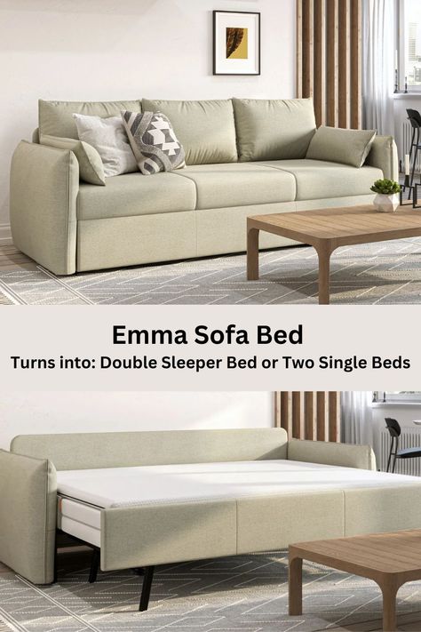 The Emma Sofa Bed is a 3 seater sofa, which easily converts into a double bed or two single beds. All you have to do is pull up the trundle bed. It can sleep two people comfortably. There are two mattresses 18cm thick. Sofa Dimensions: 55cm seat height, 92cm depth, 222cm width Double Bed Dimensions: 55cm height of bed x 160cm wide x 200cm long Two Single Beds Sleeping Surface: 55cm height of bed x 80cm wide x 200cm long. It is upholstered in beige or grey colour. Read more! #sofabed Thick Sofa, Sleeper Bed, Single Beds, Twin Xl Bedding, Sofa Dimensions, Bed Dimensions, Trundle Bed, Sofa Beds, Grey Colour