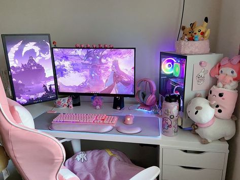 Kawaii Gaming Aesthetic, Pink Gaming Pc, Pink Pc Setup, Pc Setup Aesthetic, Gaming Pc Setup, Pink Pc, Miko Genshin, Aesthetic Sanrio, Pc Games Setup