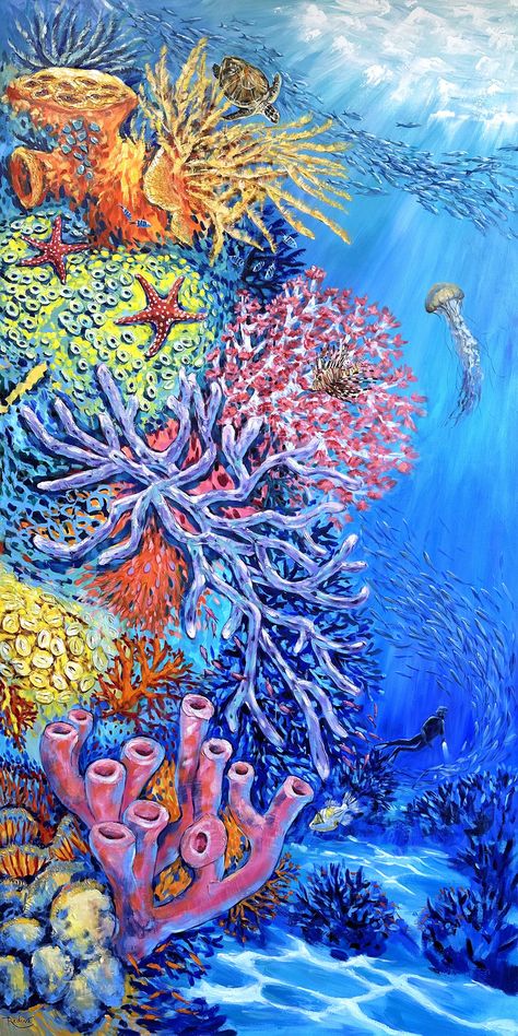 Coral Reef Drawing, Underwater Seascape, Coral Drawing, Starfish Painting, Coral Painting, Coral Reef Art, Sea Drawing, Underwater Painting, Oil Painting Inspiration