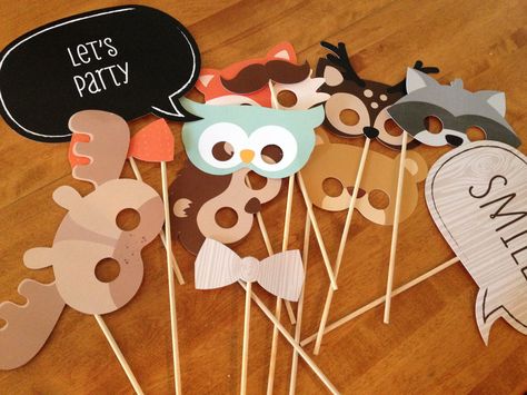 Forest creatures photo booth props Moose Baby Shower, Woodland Classroom, Forest Theme Party, Camping Theme Birthday, Woodland Creatures Baby Shower, Forest Birthday Party, Forest Baby Showers, Forest Birthday, Woodland Birthday Party