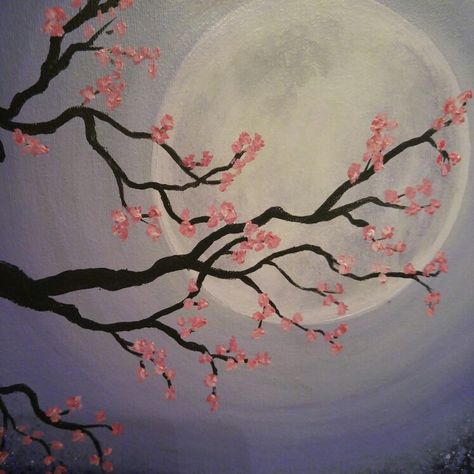 Cherry Blossom Moon Painting, Tree And Moon Drawing, White Cherry Blossom Painting, Drawing Cherry Blossom Tree, Watercolor Art Cherry Blossom, Japanese Cherry Blossom Painting Easy, Cherry Blossom Painting Simple, How To Draw A Cherry Blossom Tree, Cherry Blossom Art Paintings