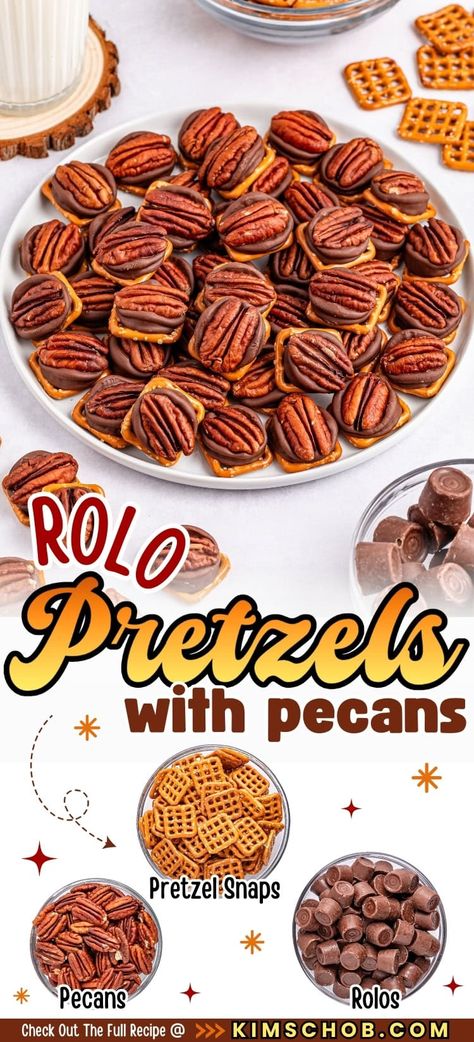 Plate of Rolo pretzels with pecans, surrounded by ingredients on a marble table. Pretzel Turtles Pioneer Woman, Pretzel Rolo Pecan Recipe, Pretzel Recipes Snacks Sweet, Roll Pretzel Turtles, Pretzel Snaps Treats, Pretzel Rolo Bites, Pretzel Rolos, Pretzel Rolo Pecan, Rollo Pretzels