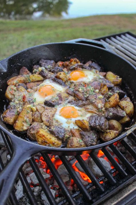 Steak And Eggs Recipe, Cowboy Breakfast Skillet, Fire Cooking Recipes, Cowboy Butter Recipe, Cowboy Breakfast, Cowboy Cooking, Cowboy Butter, Steak Eggs, Over The Fire Cooking