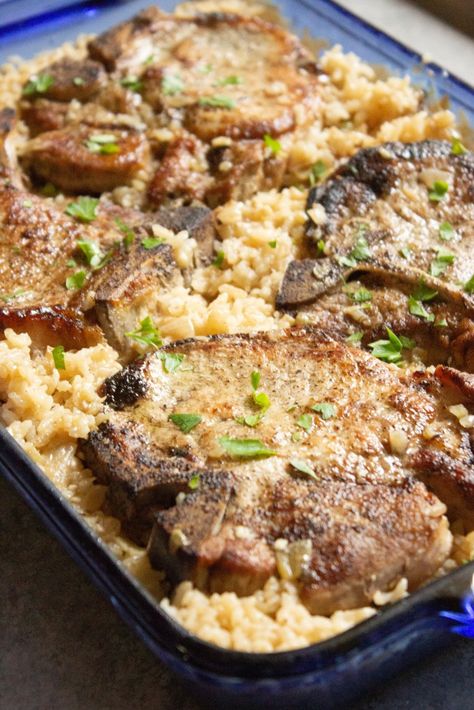 Baked Pork Chops and Rice Rice In Slow Cooker, Baked Pork Chops And Rice, Oven Pork Chops, Pork Chops And Rice, Baked Pork Chops Oven, Easy Pork Chops, Pork Chop Recipes Baked, Minute Rice, Baked Pork Chops