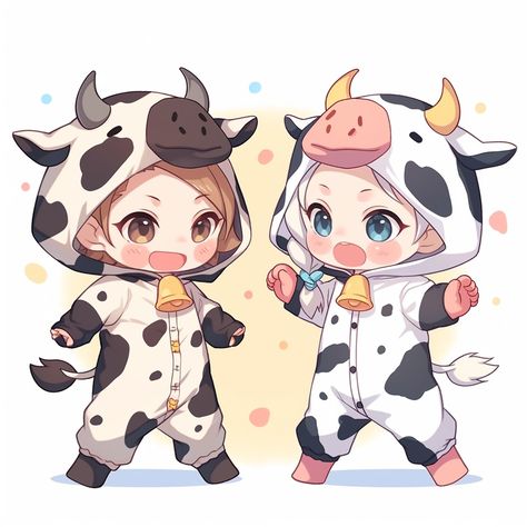 Chibi Pajamas, Chibi Onesie, Cow Character Design, Chibi Cow, Anime Cow, Cow Onesie, Cute Turtle Drawings, Cow Sketch, Anime Bebe