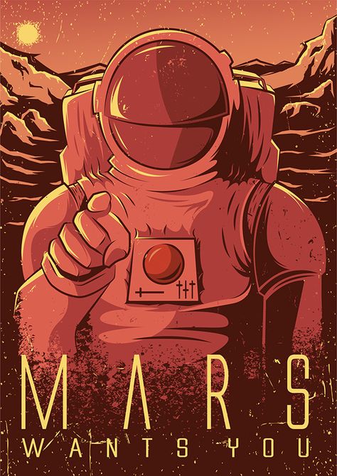 Mars Drawing, Mars Aesthetic, Retro Space Posters, Mars Art, Mars Wallpaper, Space Astronauts, Mars Poster, Recruitment Themes, Astronaut Illustration