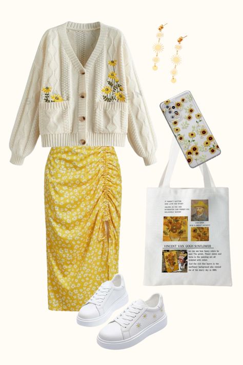 2024 Outfit Inspo, Sunflower cardigan, Van Gogh bag, Sunflower phone case, Sunflower shoes, Sun-inspired jewelry, Yellow skirt Van Gogh Outfit, Sunflower Cardigan, Sunflower Shoes, Sunflower Phone Case, Outfits Neutral, Outfit Modest, Cottagecore Outfit, Minimalist Outfits, Outfits Minimalist